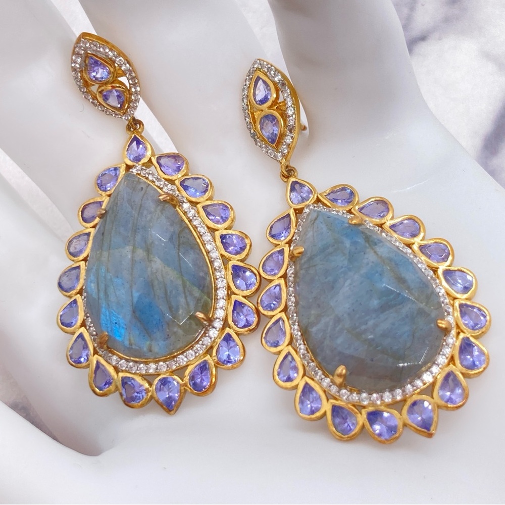 Rarities Carol Brodie 925 Gold Tone Labradorite, Tanzanite, Zircon Earrings FLAW